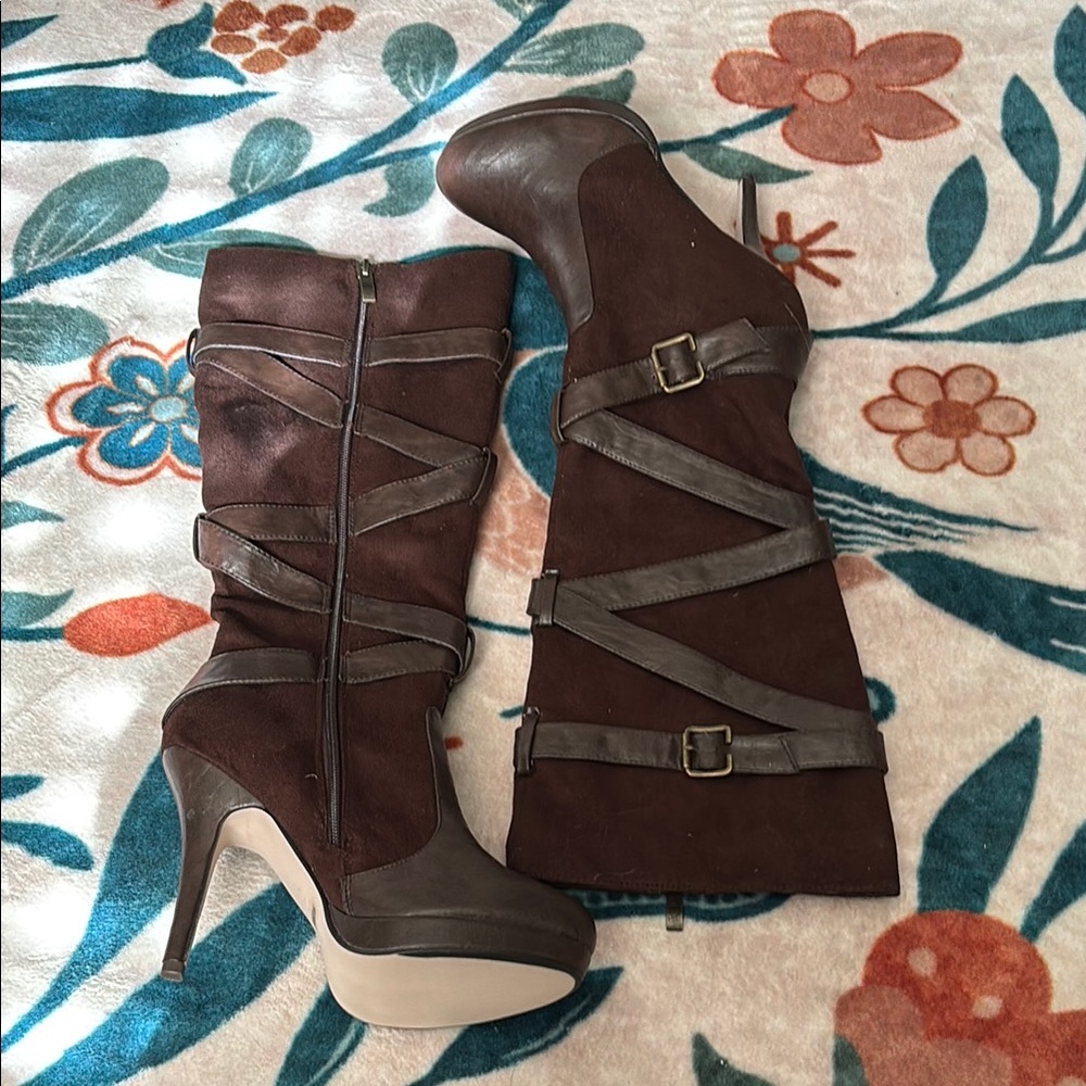 Brown Heeled Boots with Buckle Detailing